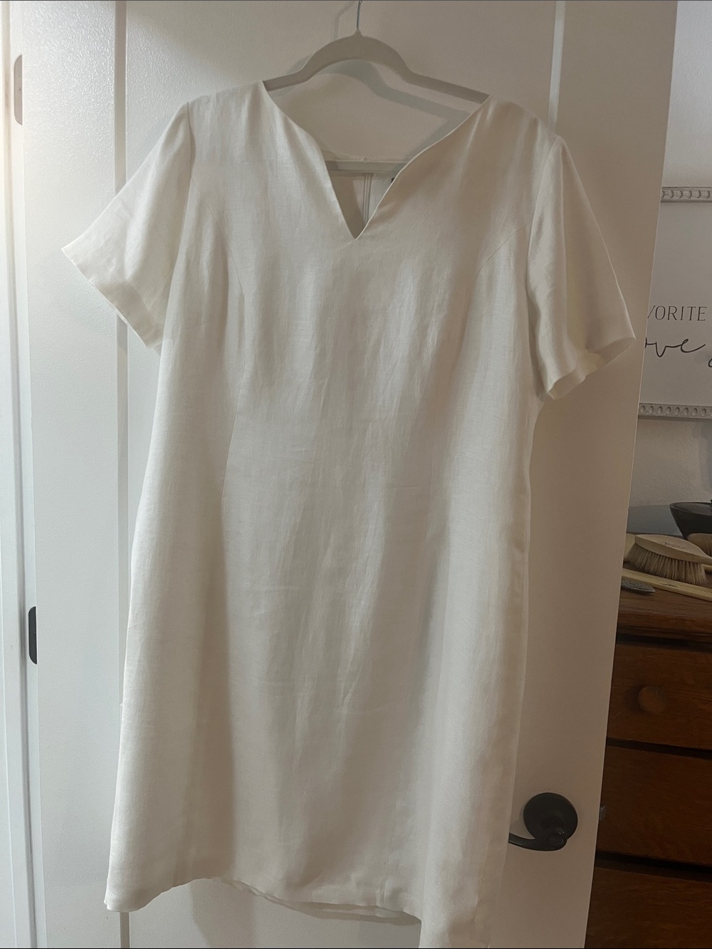 White Linen V-Notch Short-Sleeve Midi Dress